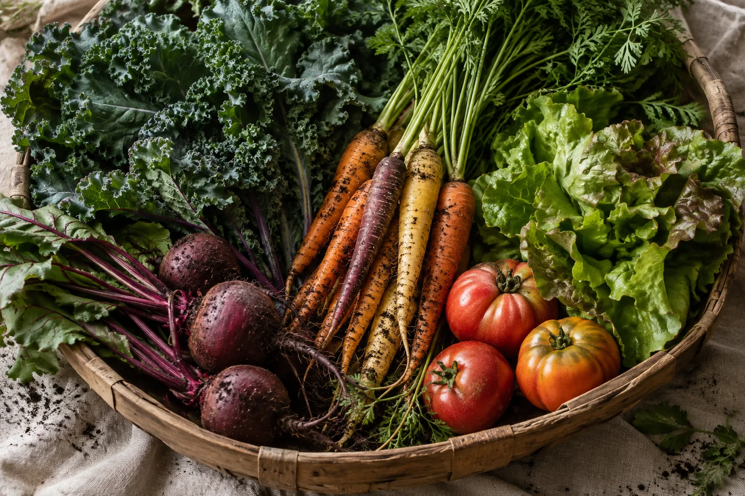 A basket of leafy greens, carrots, beets and tomatoes