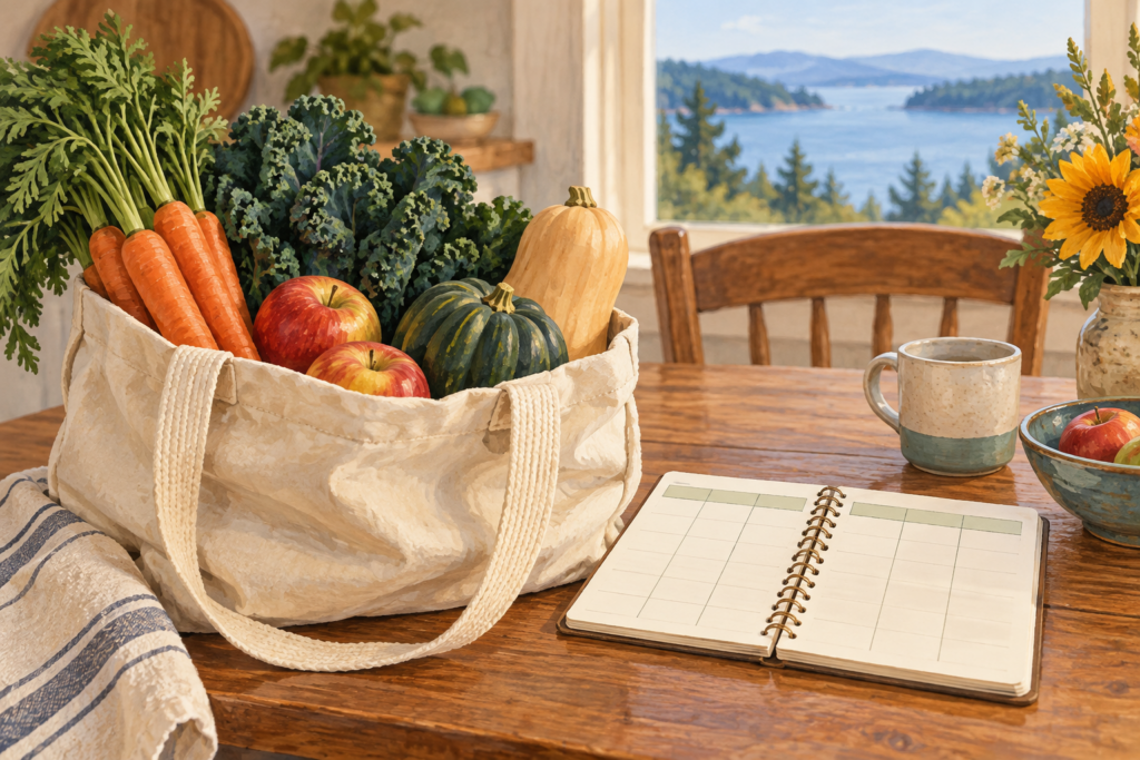 Illustration of a canvas bag of vegetables and apples beside a blank meal-planning notebook.